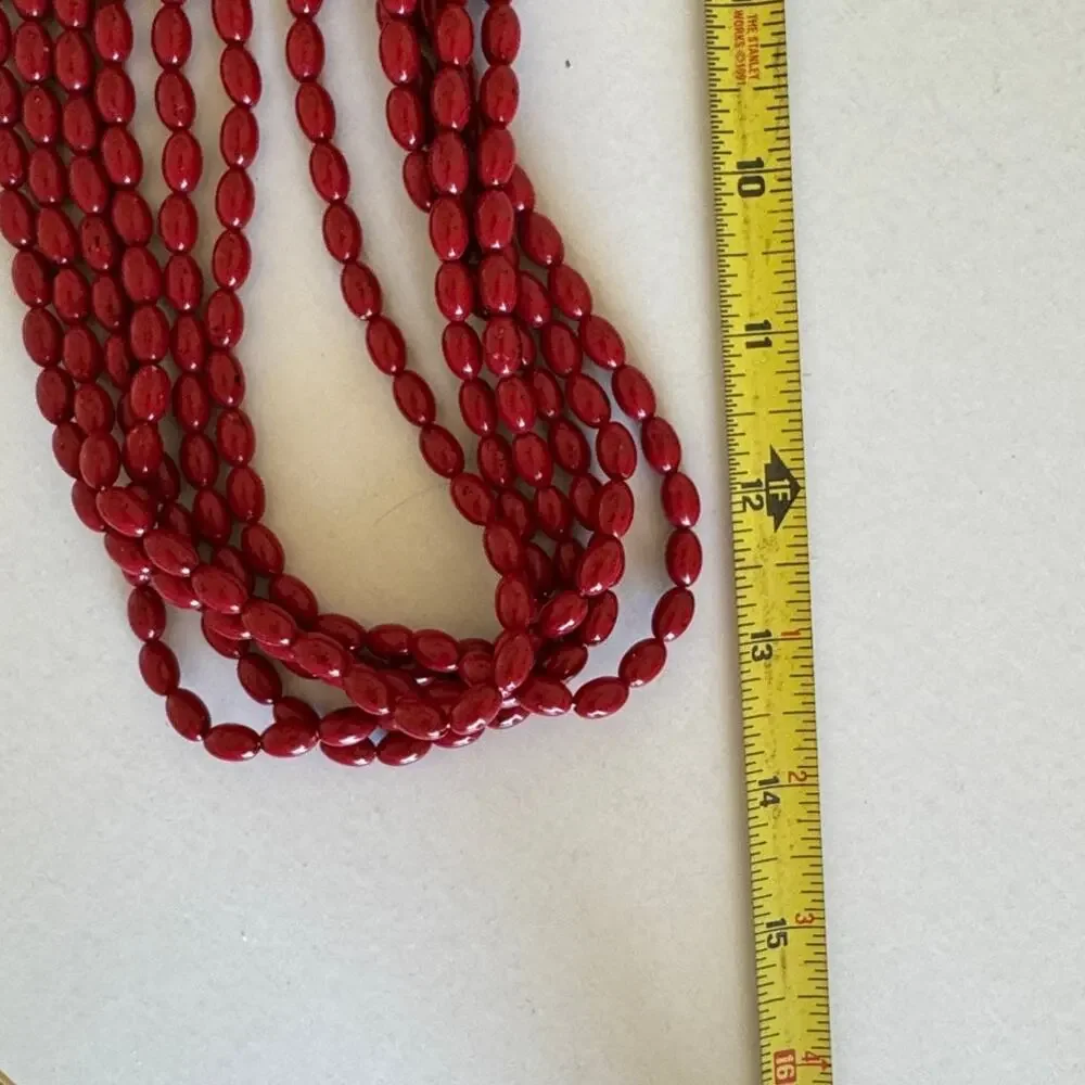 Vintage Red Black Speckled Multi Strand Long Fused Acrylic Beaded Necklace artsy